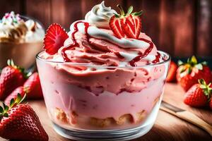 a dessert with strawberries and whipped cream. AI-Generated photo