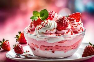 a dessert with strawberries and whipped cream. AI-Generated photo