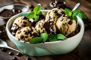 chocolate chip ice cream in a bowl with mint leaves. AI-Generated photo