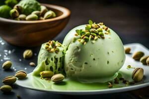 pistachio ice cream with pistachio nuts on a plate. AI-Generated photo