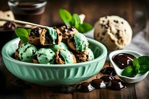 chocolate chip cookies and mint ice cream in a bowl. AI-Generated photo