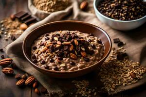 chocolate oatmeal with nuts and seeds in a bowl. AI-Generated photo