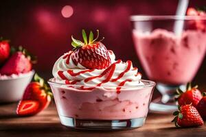 a strawberry sundae with whipped cream and strawberries. AI-Generated photo