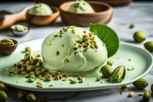 pistachio ice cream with pistachio nuts on a white plate. AI-Generated photo