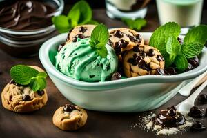 chocolate chip galletas y menta hielo crema en un bol. generado por ai foto