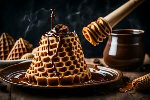 chocolate waffles with honey and syrup on a plate. AI-Generated photo