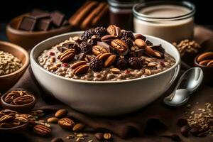 chocolate oatmeal with nuts and berries. AI-Generated photo