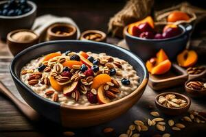 un cuenco de harina de avena con nueces y fruta. generado por ai foto