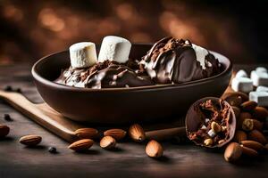 chocolate ice cream with marshmallows and almonds in a bowl. AI-Generated photo