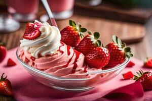 a bowl of strawberry ice cream with whipped cream and strawberries. AI-Generated photo