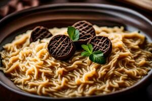 chocolate and noodles in a bowl. AI-Generated photo