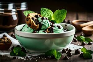 chocolate chip cookies ice cream in a bowl with mint leaves and chocolate chips. AI-Generated photo