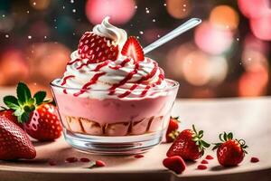 a dessert with strawberries and whipped cream. AI-Generated photo