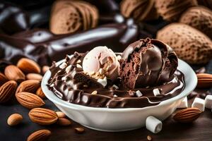 chocolate hielo crema con Almendras y nueces en un de madera mesa. generado por ai foto