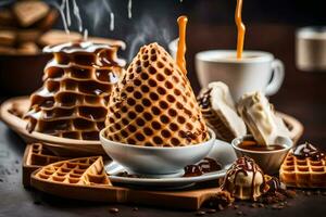 waffles and coffee on a table. AI-Generated photo