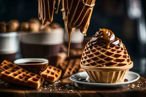 a waffle cone with caramel syrup and nuts. AI-Generated photo