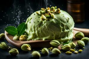 a scoop of pistachio ice cream with pistachio nuts and leaves. AI-Generated photo