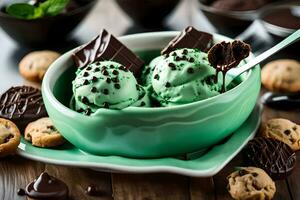 chocolate mint ice cream in a bowl with cookies and mint. AI-Generated photo