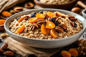 a bowl of oatmeal with nuts and dried fruits. AI-Generated photo