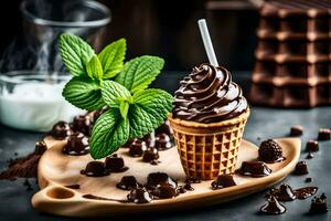 chocolate ice cream with mint and chocolate chips. AI-Generated photo