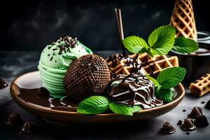 chocolate hielo crema con menta hojas y gofre conos generado por ai foto