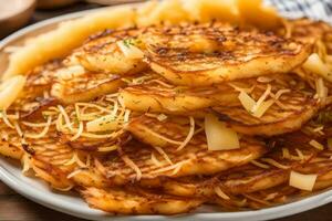 a plate of potato pancakes with cheese and onions. AI-Generated photo