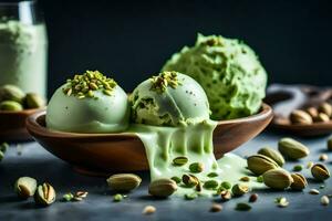 pistachio ice cream with pistachio nuts and a glass of milk. AI-Generated photo