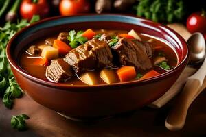 a bowl of beef stew with vegetables and carrots. AI-Generated photo