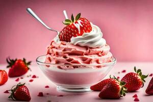 a bowl of ice cream with strawberries and whipped cream. AI-Generated photo