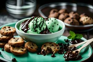 chocolate ice cream with mint and cookies on a green plate. AI-Generated photo