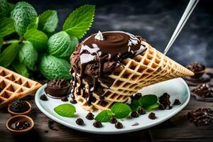 chocolate ice cream in a waffle cone with mint leaves. AI-Generated photo