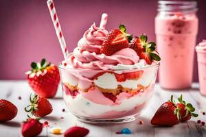 a dessert with strawberries and whipped cream. AI-Generated photo