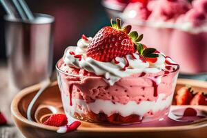 a dessert with strawberries and whipped cream. AI-Generated photo