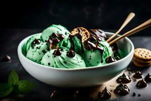 a bowl of green ice cream with chocolate chips and mint. AI-Generated photo