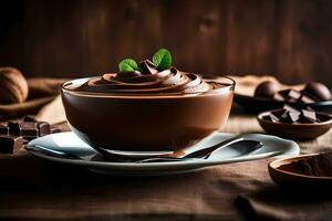 chocolate pudding in a bowl. AI-Generated photo