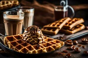 waffles and coffee on a dark table. AI-Generated photo