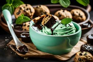 chocolate chip Galleta hielo crema con menta y chocolate papas fritas. generado por ai foto