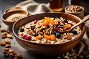 un cuenco de harina de avena con Fruta y nueces. generado por ai foto