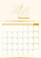 Modern vector vertical calendar sheet for November 2024, planner in English.