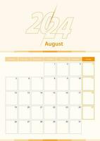 Modern vector vertical calendar sheet for August 2024, planner in English.