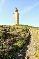 un camino Guías a un torre en parte superior de un colina foto