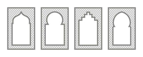 Islamic frame with arch and ornament. Ramadan gate on geometric background for wedding invitation design. Vector oriental decorations set.