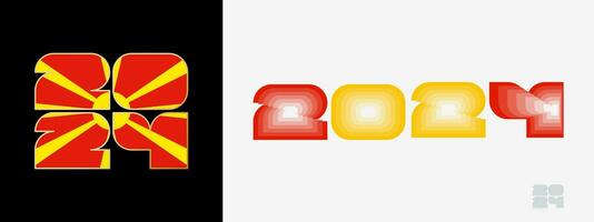 Year 2024 with flag of North Macedonia and in color palate of North  Macedonia flag. Happy New Year 2024 in two different style. vector