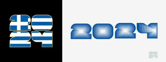 Year 2024 with flag of Greece and in color palate of Greece flag. Happy New Year 2024 in two different style. vector