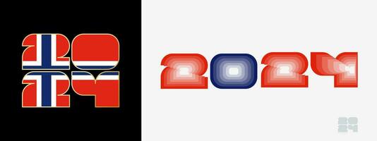 Year 2024 with flag of Norway and in color palate of Norway flag. Happy New Year 2024 in two different style. vector