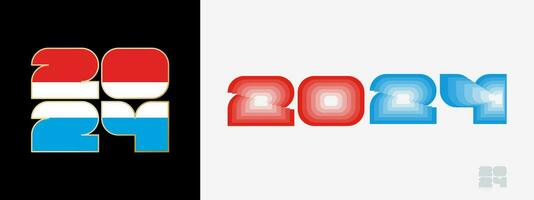 Year 2024 with flag of Luxembourg and in color palate of Luxembourg flag. Happy New Year 2024 in two different style. vector