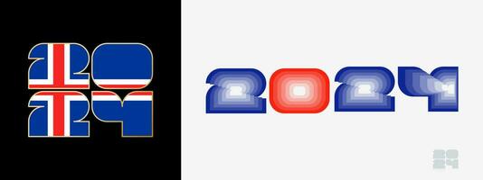 Year 2024 with flag of Iceland and in color palate of Iceland flag. Happy New Year 2024 in two different style. vector