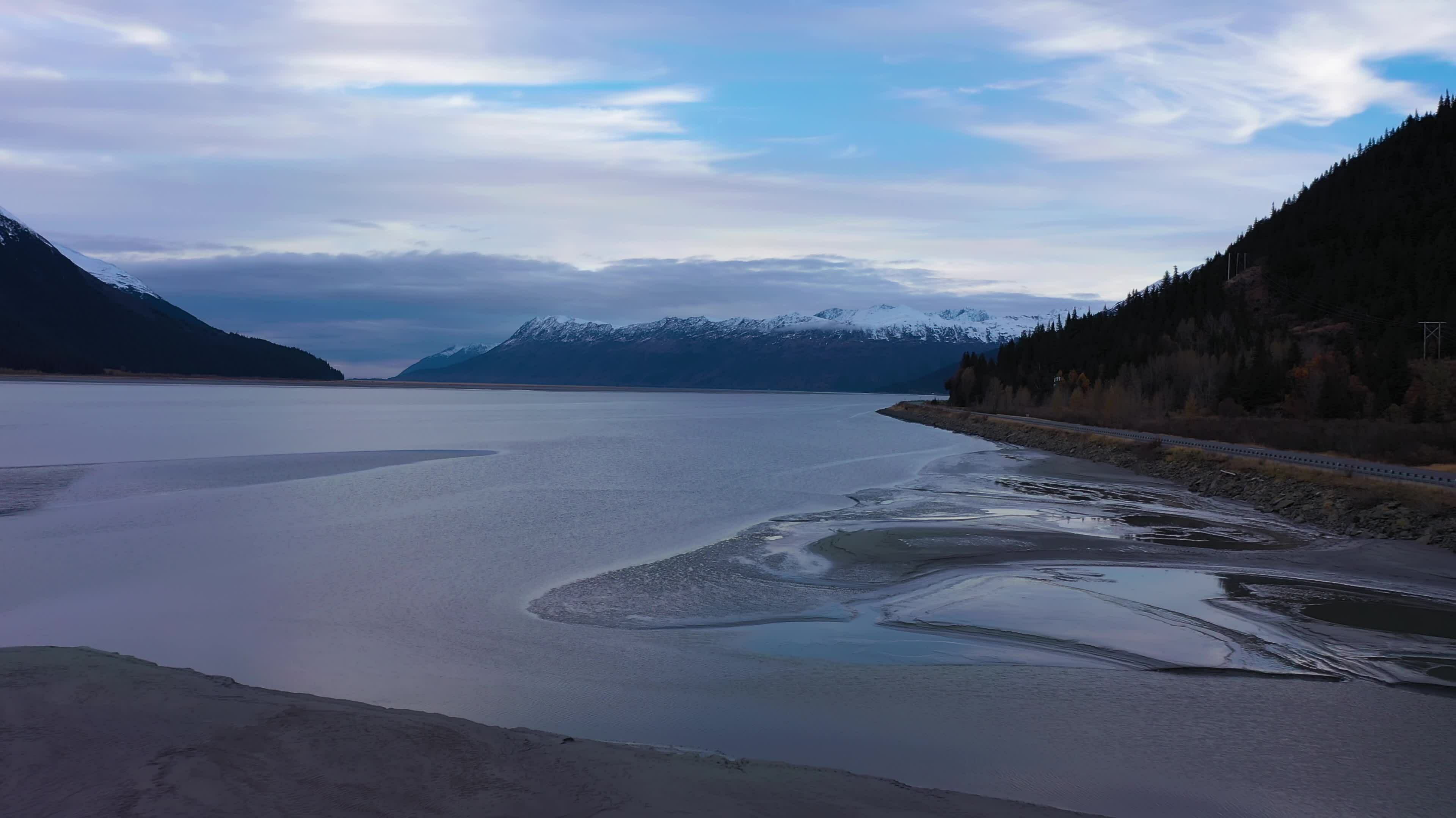 Turnagain Arm, SnowCapped Mountains and Seward Highway on Autumn Day