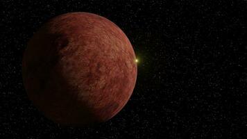 Sonnenaufgang auf rotierend rot Mars Planet im Raum. Sonne erscheint und Fackeln. Sterne auf Hintergrund. 3d Wiedergabe. Animation video