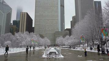 chicago, USA - januari 25, 2021 årtusende parkera, människor bär masker och skyskrapor på en molnig vinter- dag under coronavirus pandemi video